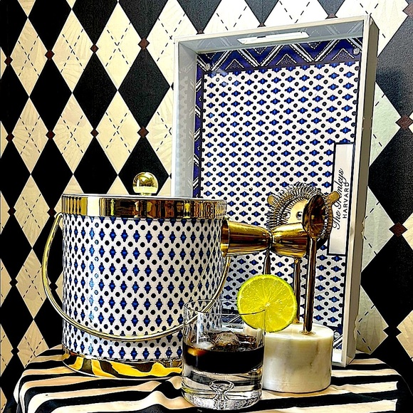 Blue & White Ice Bucket & Tray Set with Gold Trim | Bar Cart Glam - Picture 5 of 14